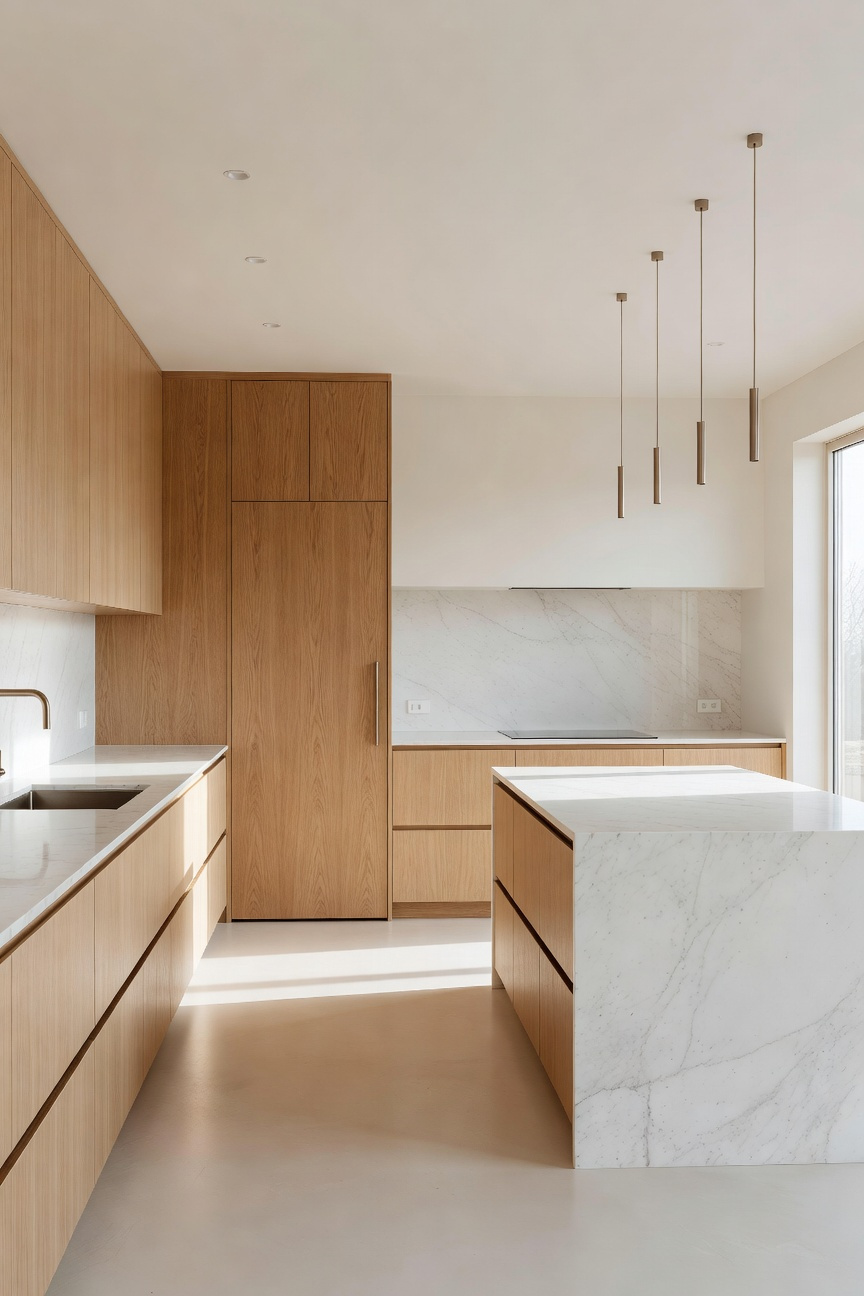 A bright minimalist kitchen with an appliance garage integrated into white oak cabinetry and clean marble countertops.