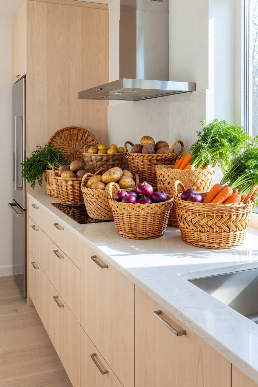 A full-scene view of a modern kitchen featuring breathable woven rattan baskets used for storing root vegetables on a white quartz countertop.