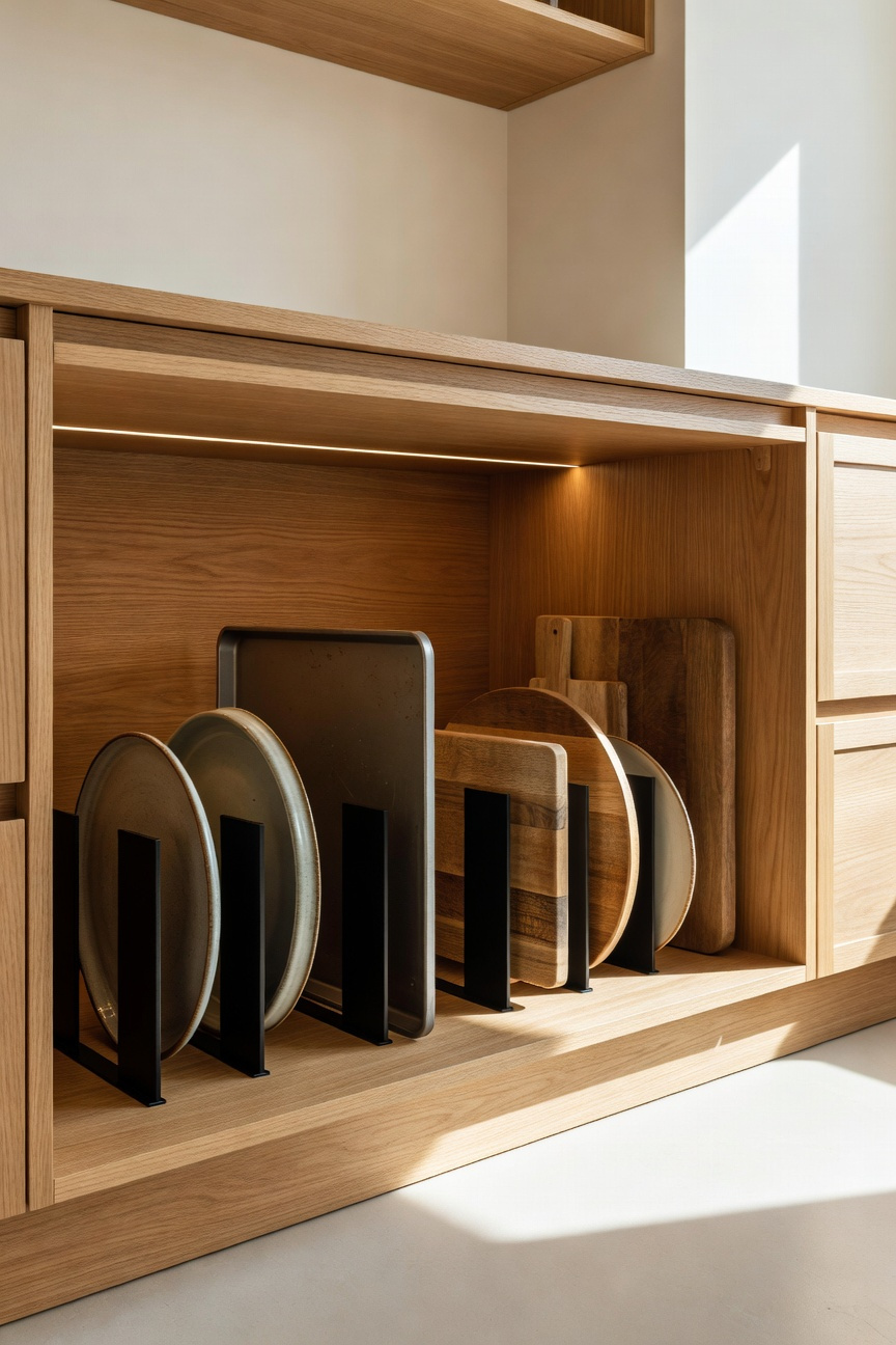 A well-organized kitchen cabinet using vertical tension-mounted dividers to store heavy ceramic platters and baking sheets.