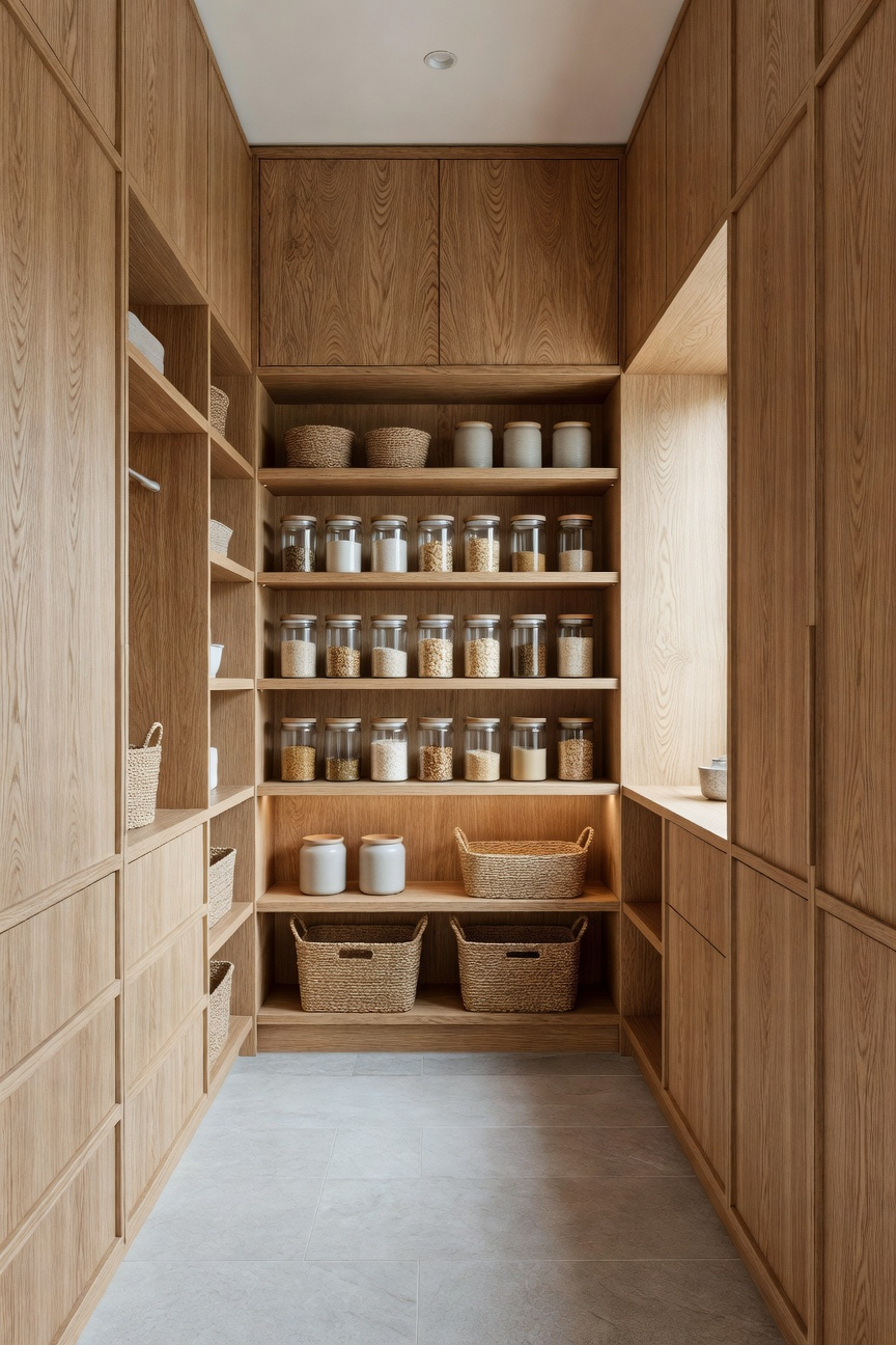 A balanced and organized modern pantry featuring rippled oak cabinets and glass storage jars following the lagom design principle.