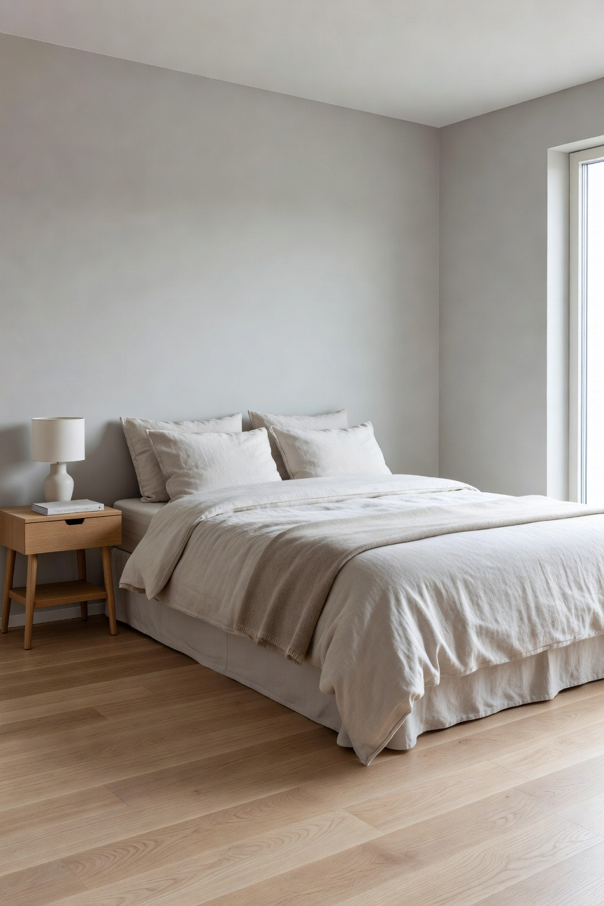 A photograph of a calm, balanced Scandinavian bedroom featuring light wood and cream linen textiles, illustrating the Lagom design philosophy of perfect equilibrium.