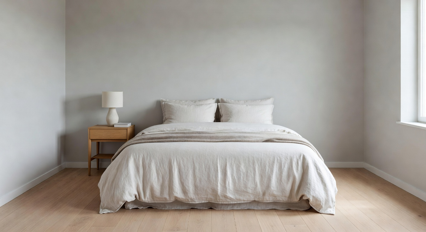 A photograph of a calm, balanced Scandinavian bedroom featuring light wood and cream linen textiles, illustrating the Lagom design philosophy of perfect equilibrium.