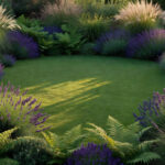 A wide landscape view of a green lawn garden designed as a serene negative space between lush and textured garden borders.