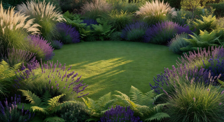 A wide landscape view of a green lawn garden designed as a serene negative space between lush and textured garden borders.