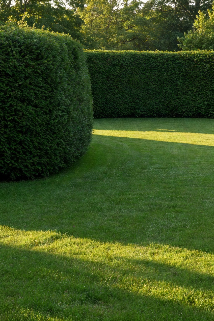 A tall, dense evergreen hedge bordering a perfectly manicured lawn garden under warm afternoon sunlight.