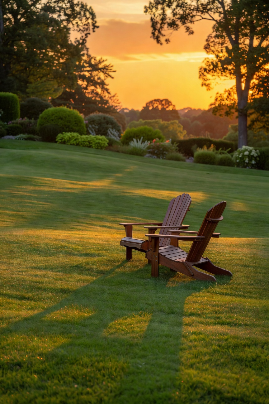 A serene lawn garden at sunset featuring wooden seating positioned to highlight the textured grass and golden hour light.