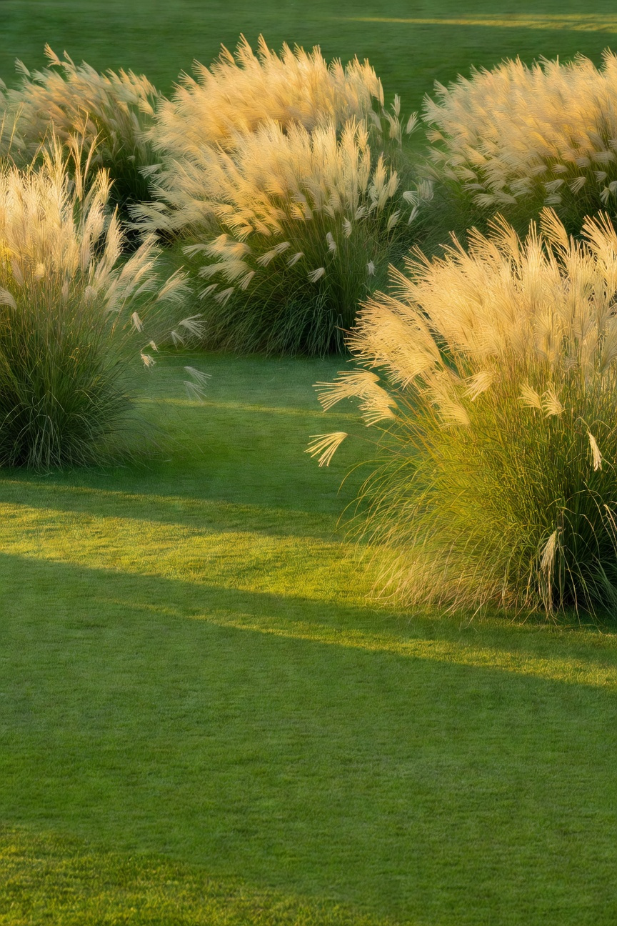 A lush lawn garden featuring tall ornamental grasses swaying in the wind above a flat green turf at sunset.