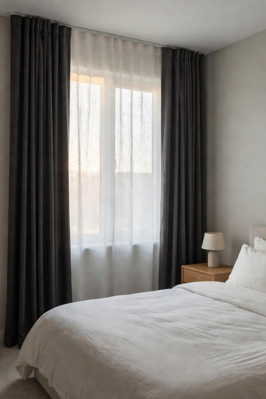 A modern bedroom featuring layered day-night window treatments, showing white sheer shades filtering soft light and heavy gray blackout drapes neatly stacked to the side.