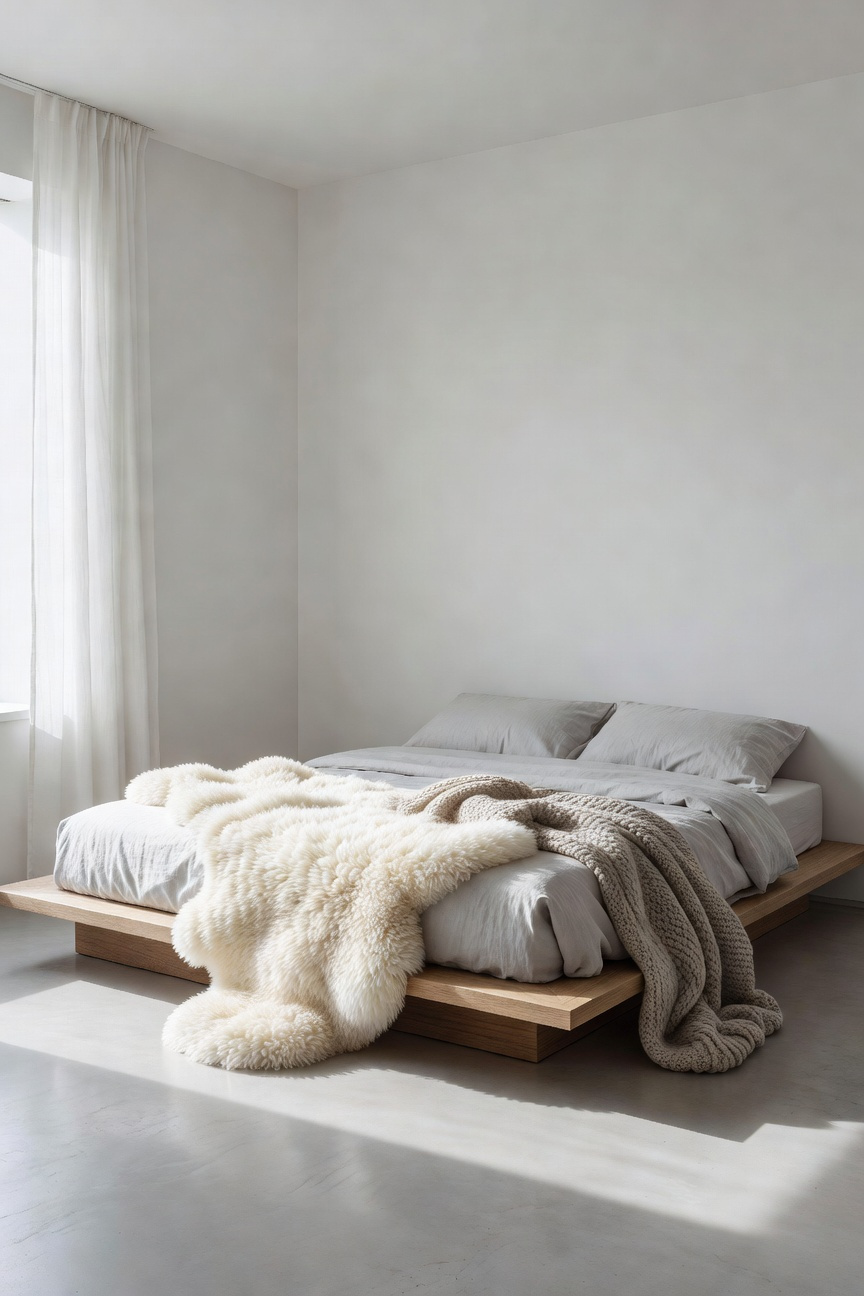 A bright, modern bedroom featuring a creamy white sheepskin throw draped over the sharp edge of a wooden platform bed, demonstrating the contrast between soft textures and hard architectural lines.