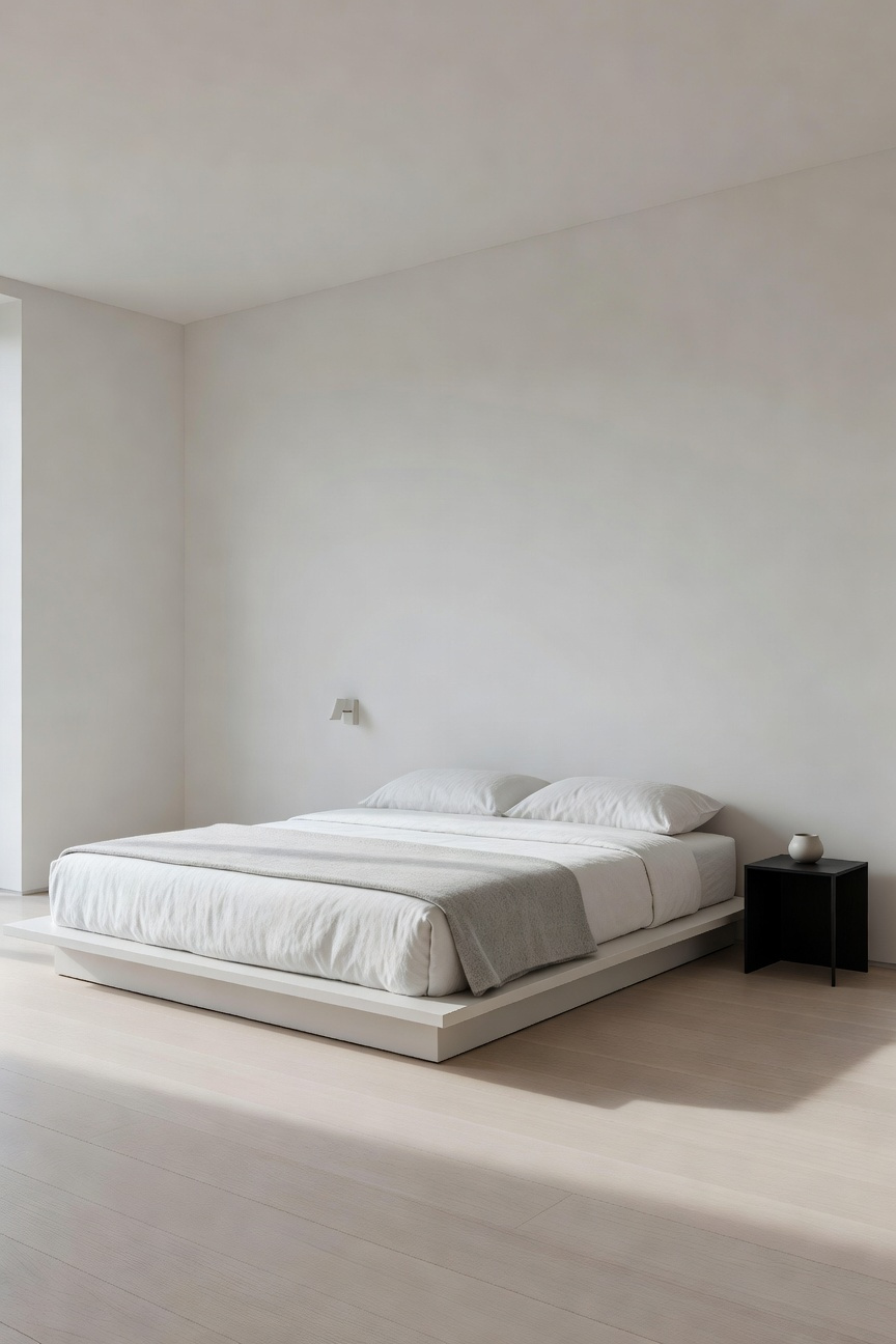 Ultra-minimalist serene bedroom with a low platform bed and white linen, emphasizing clean lines and vast negative space to illustrate the 'less but better' philosophy of design.
