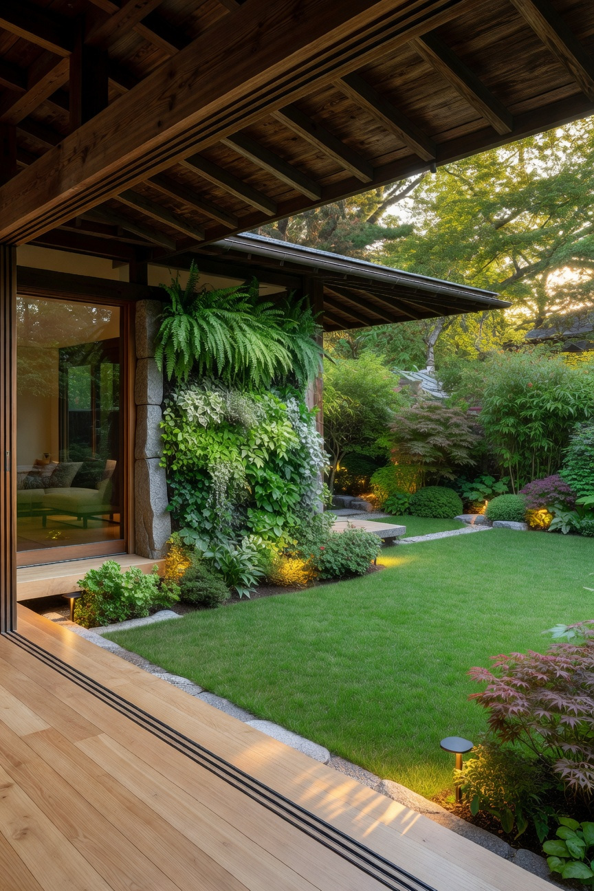 A modern house featuring a seamless transition between an indoor living room and an outdoor lawn garden with deep wooden overhangs and vertical greenery.