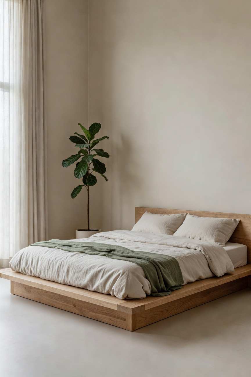 A minimalist Japandi bedroom featuring a low-profile solid wood platform bed that anchors the room, creating an illusion of expanded vertical space.