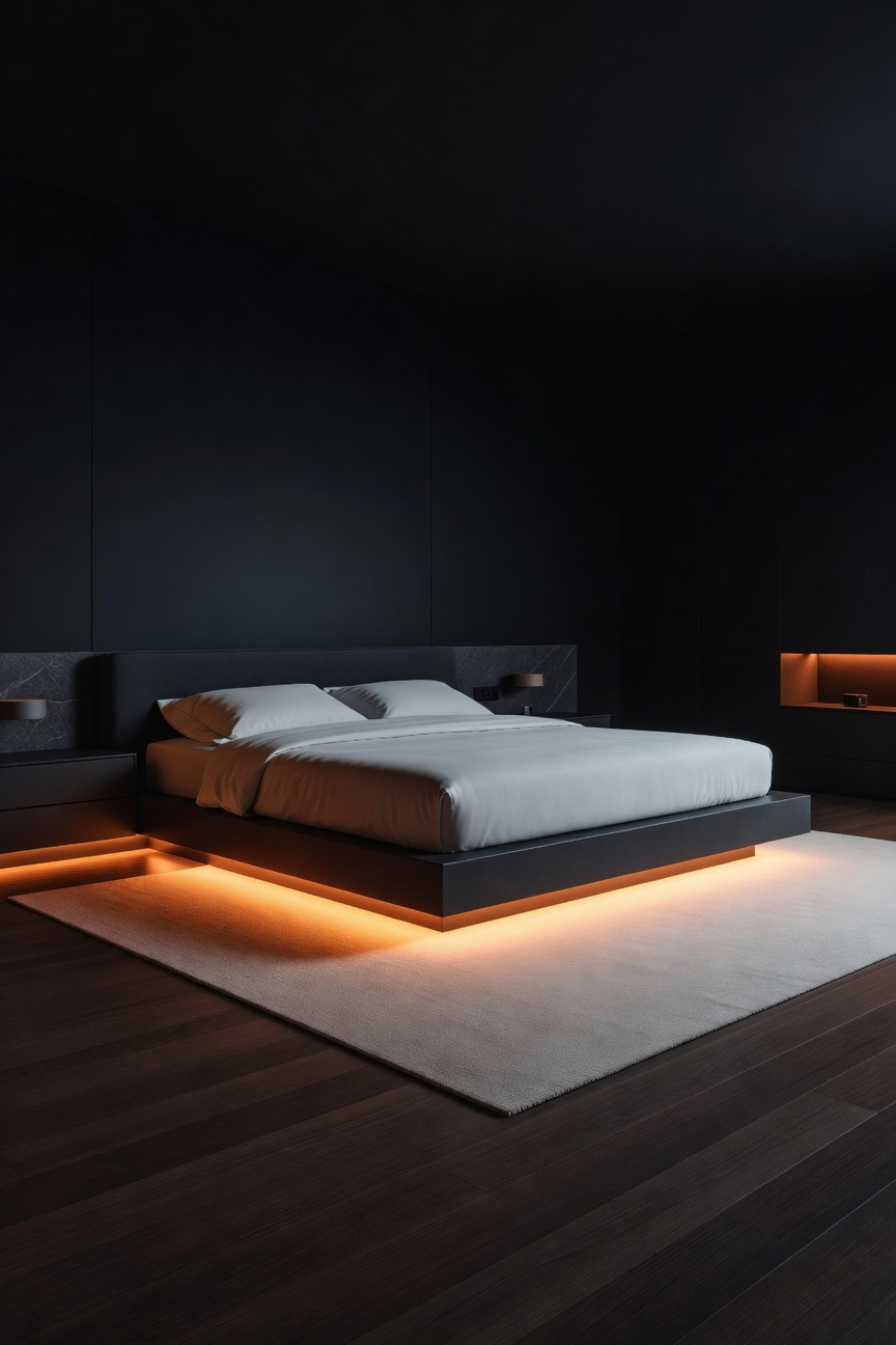 Low-level, amber-hued toe-kick lighting installed beneath a luxury floating bed platform in a dark modern bedroom, designed for disruption-free nocturnal navigation.