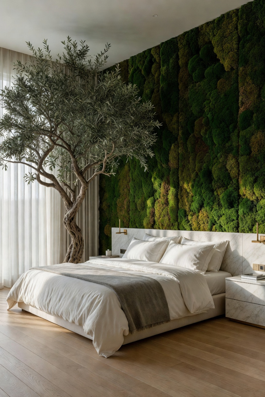 Detailed image of a luxury master bedroom showcasing biophilic design, featuring a large indoor preserved moss wall acting as a headboard and a soaring preserved olive tree bathed in natural light.
