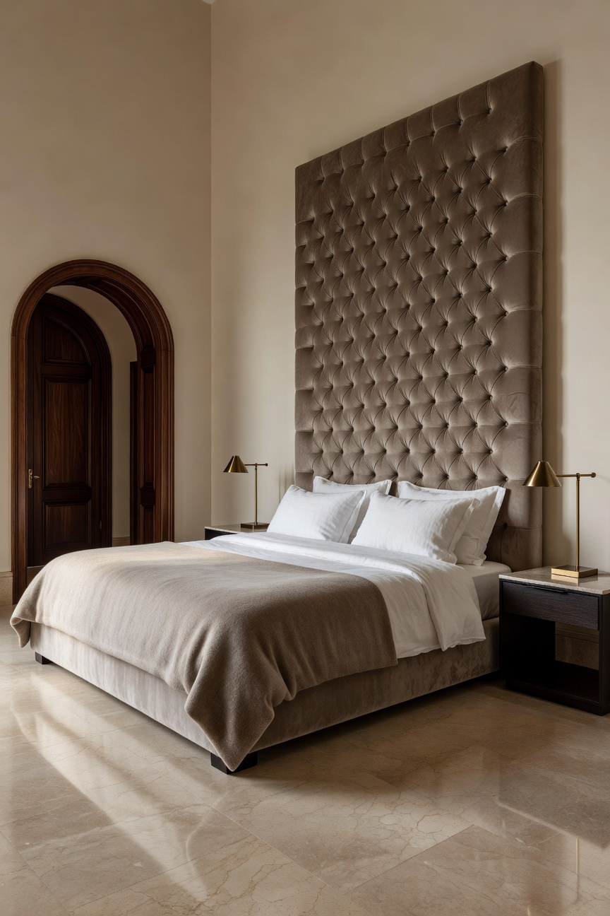 A luxurious master bedroom interior showing a king-size bed positioned diagonally from a visible doorway, illustrating the commanding position concept in high-end design.