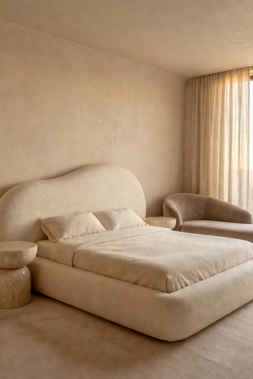 A luxury bedroom featuring soft, curved furniture silhouettes, including a bouclé headboard and rounded travertine nightstands, designed to promote psychological comfort and safety.