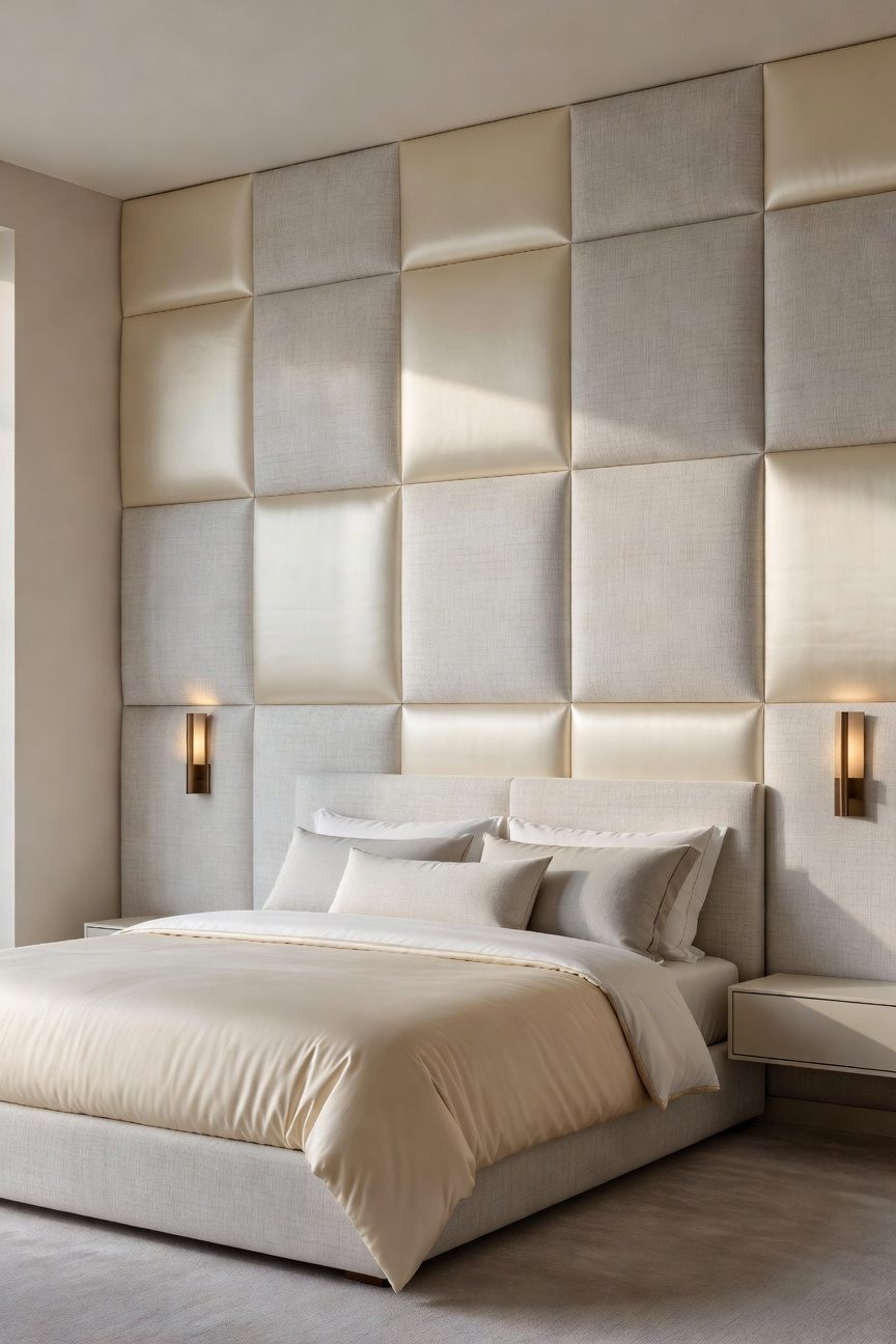 Luxury bedroom featuring sound-dampening upholstered wall panels made of silk and linen situated behind a king-sized bed, designed for acoustic comfort and high-end aesthetic appeal.