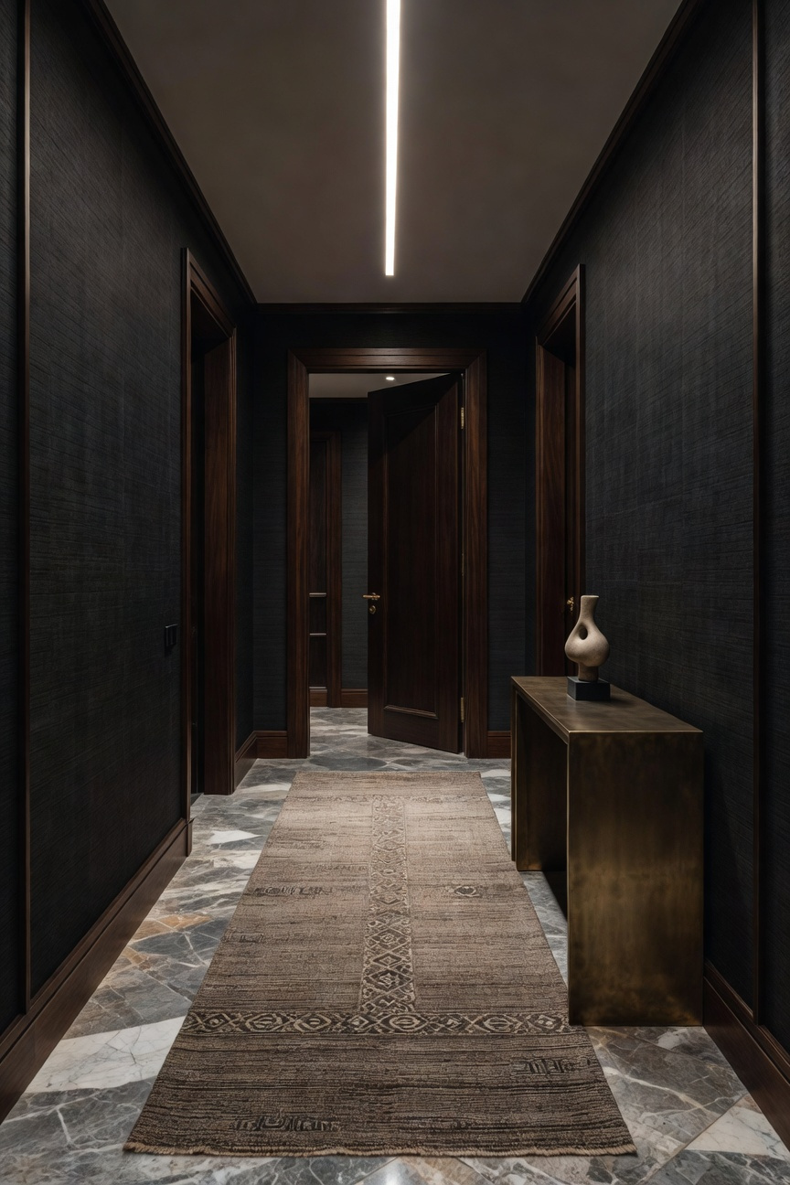 A wide-angle photographic view of a luxury bedroom transition zone featuring dark walnut paneling, gray marble flooring, and a plush taupe runner rug, emphasizing the cognitive buffer between public and private spaces.
