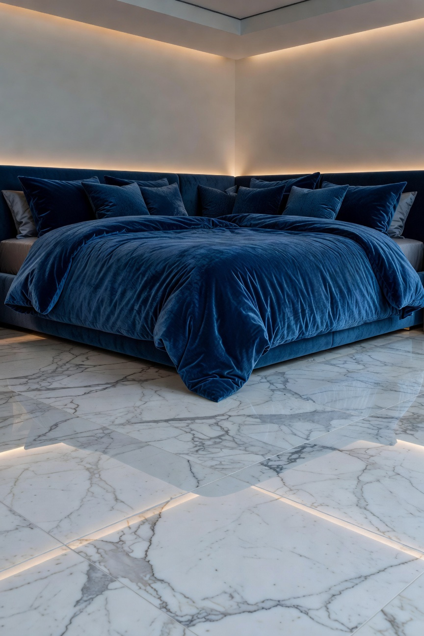 Luxury master bedroom showcasing haptic contrast between plush sapphire velvet bedding and highly reflective polished white Calacatta marble flooring under warm ambient lighting.