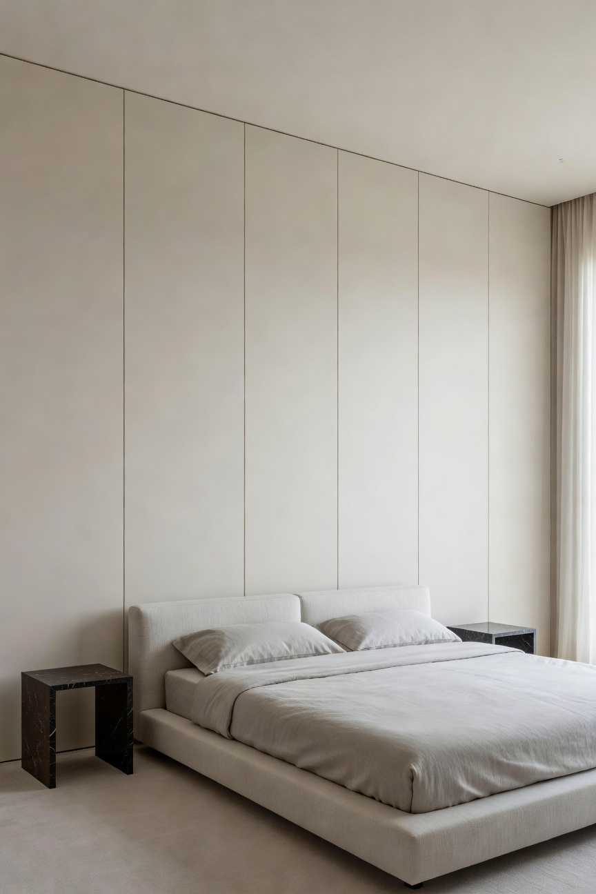 A photograph of a luxury minimalist bedroom featuring floor-to-ceiling, handleless white millwork designed for concealed storage, emphasizing a visual silence aesthetic and eliminating clutter.
