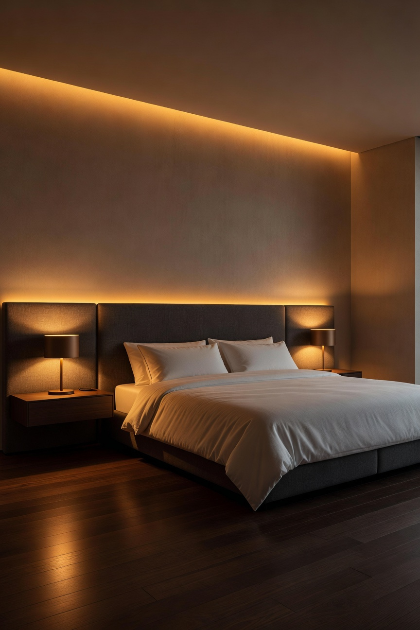 Luxury bedroom design showcasing warm-dimming technology with deeply dimmed architectural lighting set to a relaxing, amber 1900K color temperature.