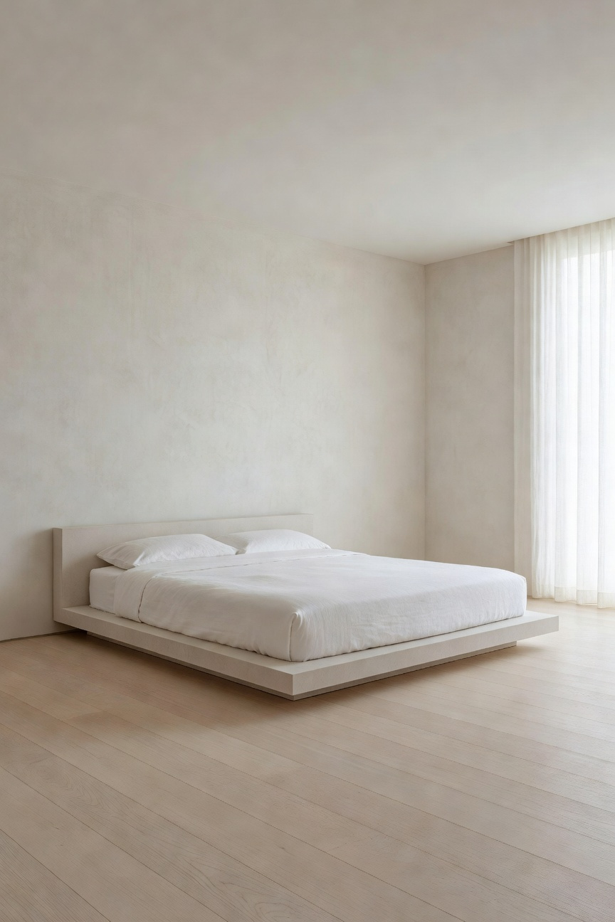 Wide view of a luxury minimalist bedroom featuring stark white walls, light wood flooring, and intentional empty space in the corner to promote mental clarity and stress reduction.