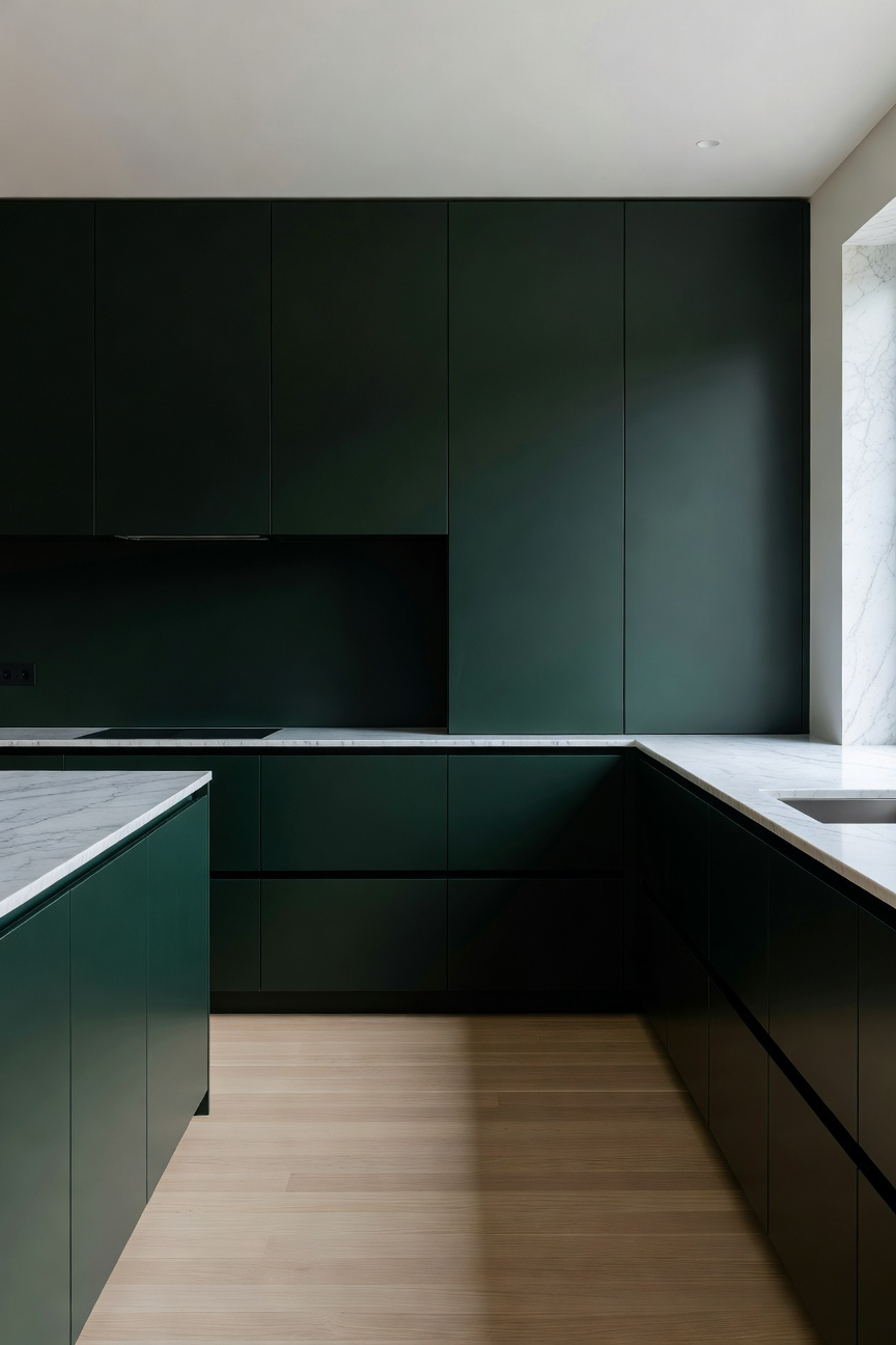 A full view of a serene modern kitchen featuring matte forest green cabinetry and light wood accents under soft natural lighting.