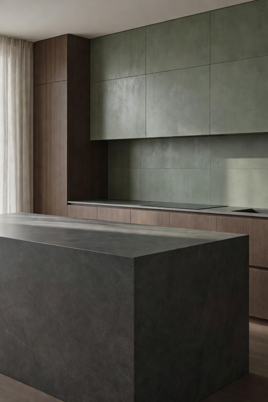 A sophisticated apartment kitchen featuring matte surfaces. A honed dark soapstone countertop absorbs light, paired with a large matte sage ceramic tile backsplash and flat-panel walnut cabinetry, highlighting tactile texture and diffused lighting.
