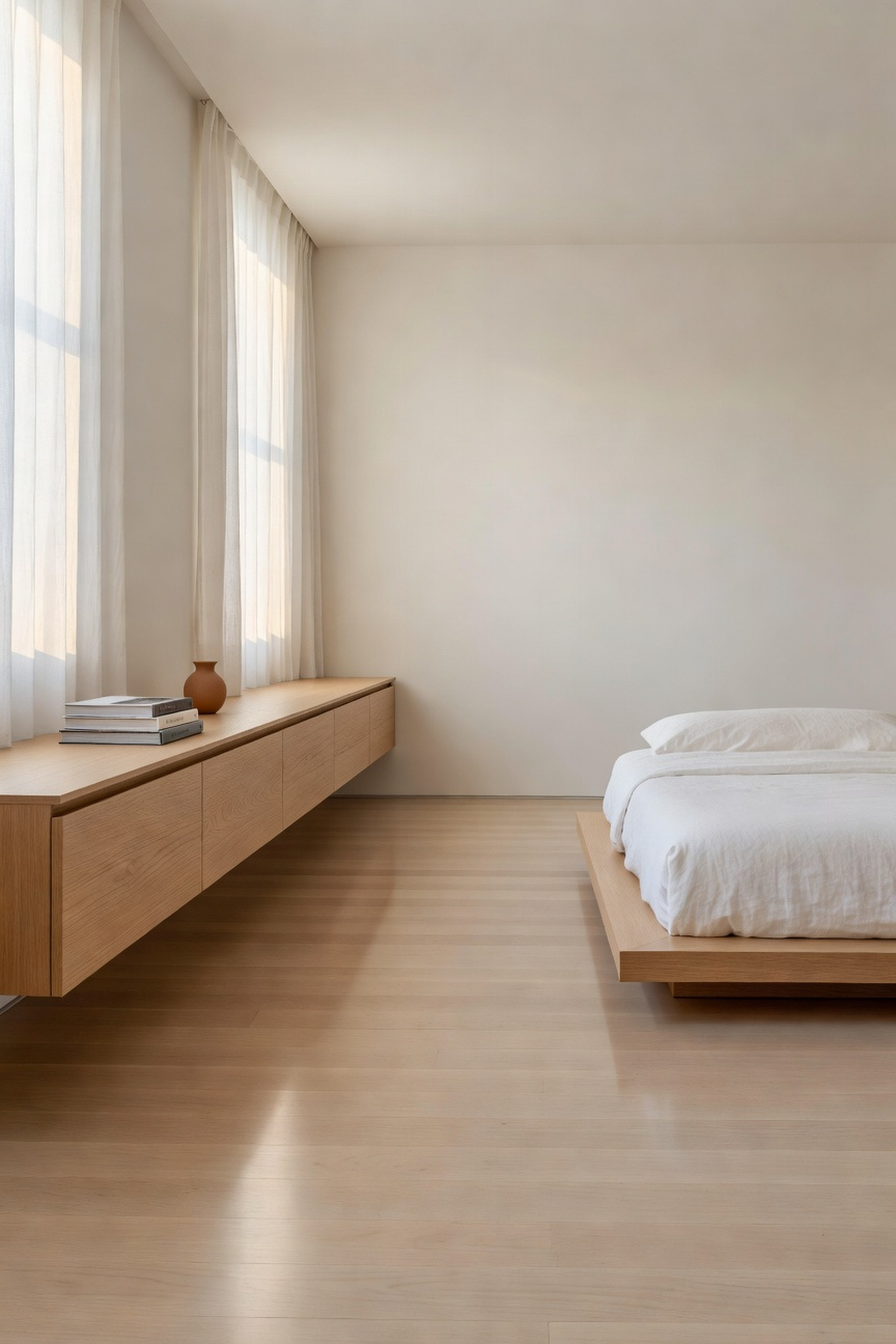Modern minimalist bedroom with light oak floating nightstands and uninterrupted polished hardwood flooring, emphasizing airy and expansive space.