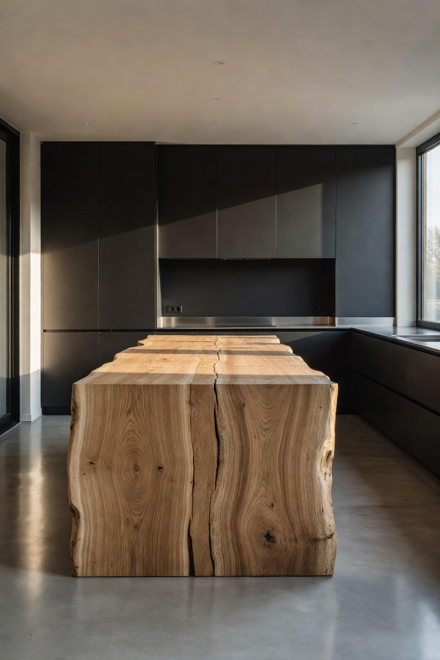 Modern kitchen design featuring a large raw timber island contrasting with sleek black cabinetry and stainless steel surfaces.