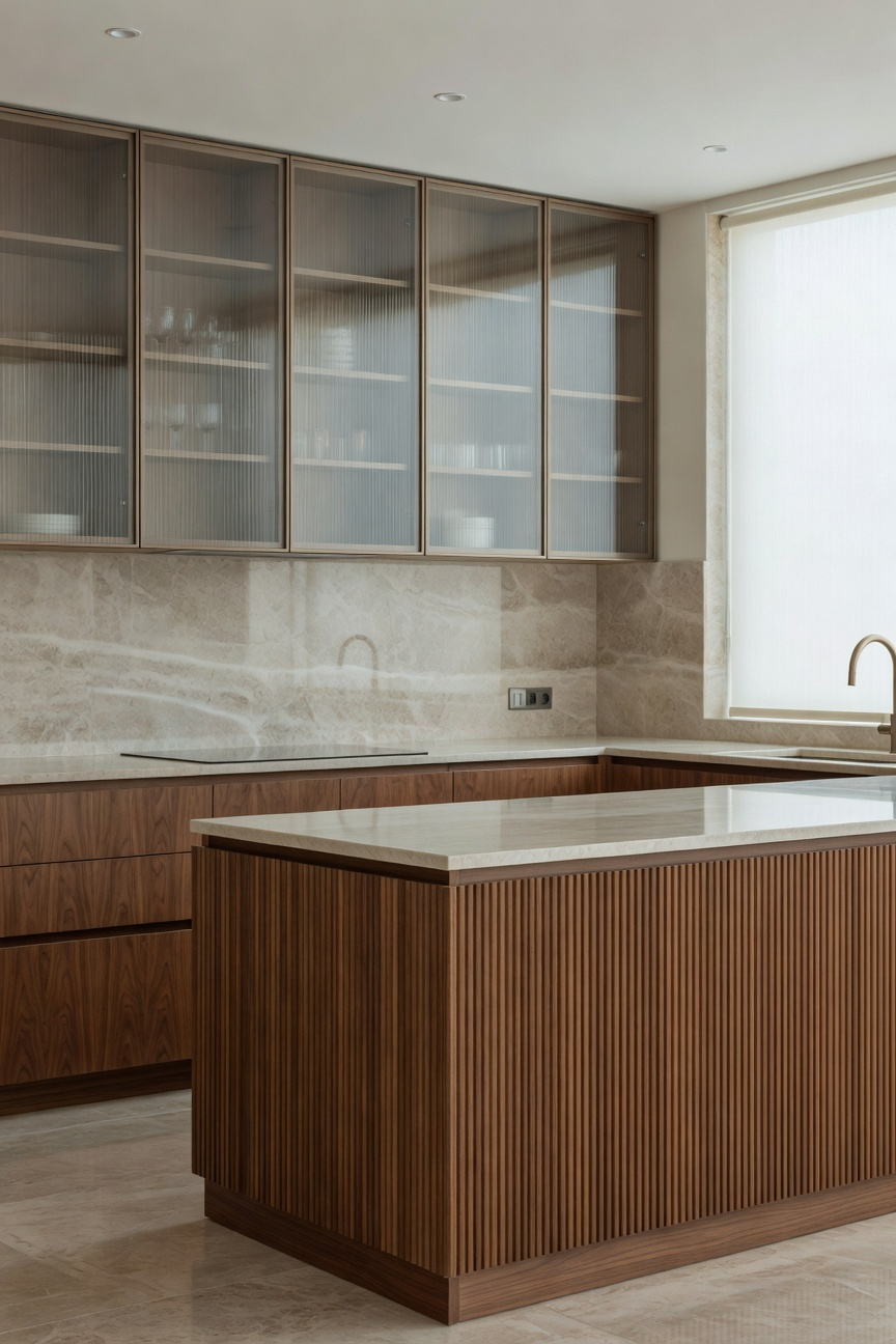 A full view of a modern kitchen with ribbed wood cabinets and fluted glass doors creating a rhythmic textured design.