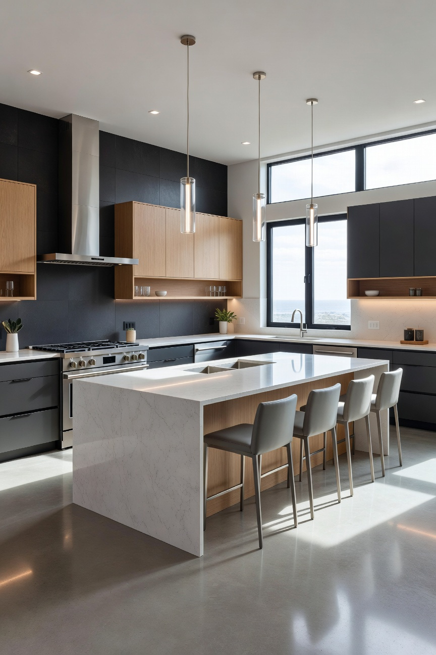 A spacious modern kitchen layout featuring distinct activity zones with a large central island and professional stainless steel appliances.