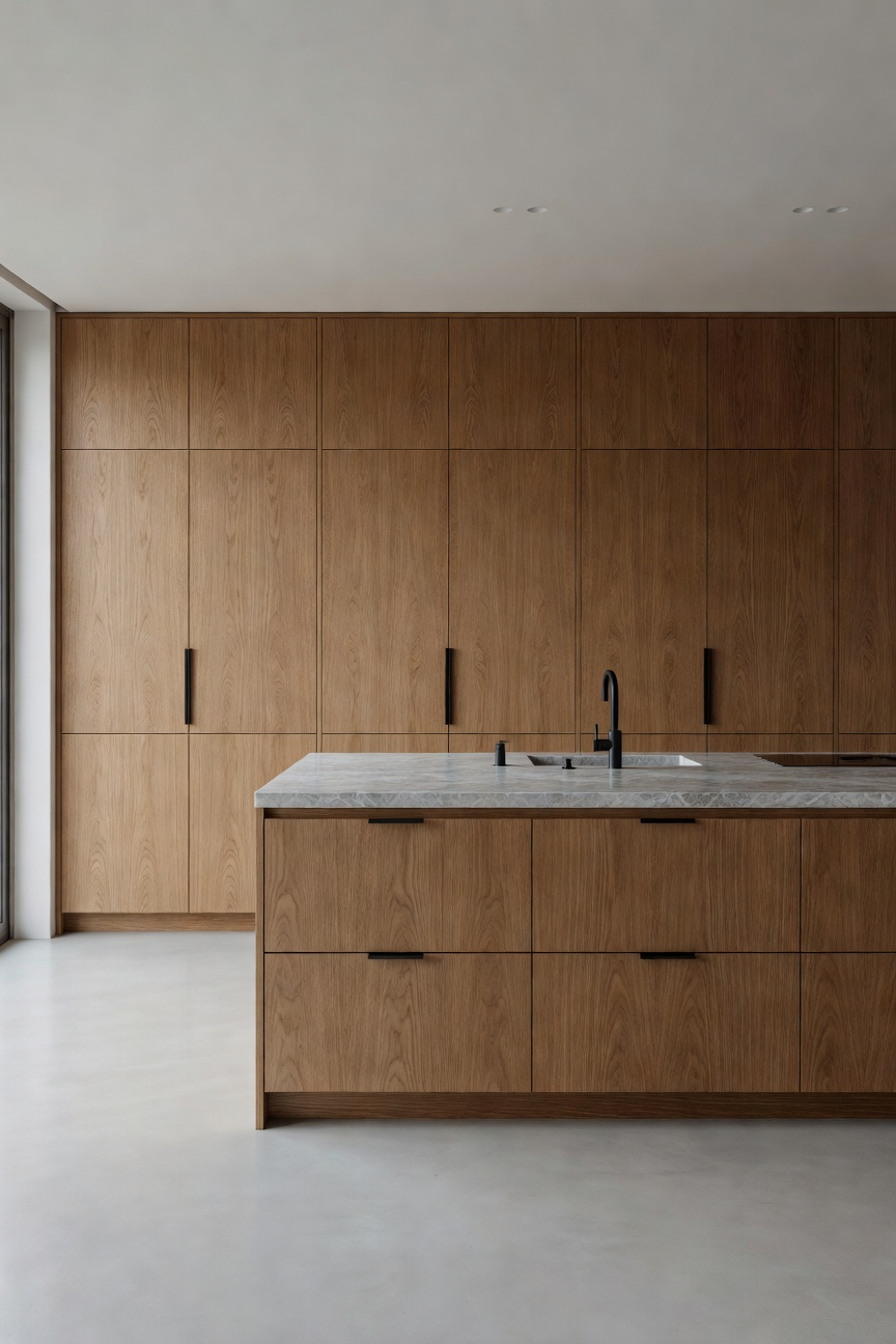 A modern Scandinavian kitchen with hidden panel-ready appliances encased in warm oak millwork and a marble island.