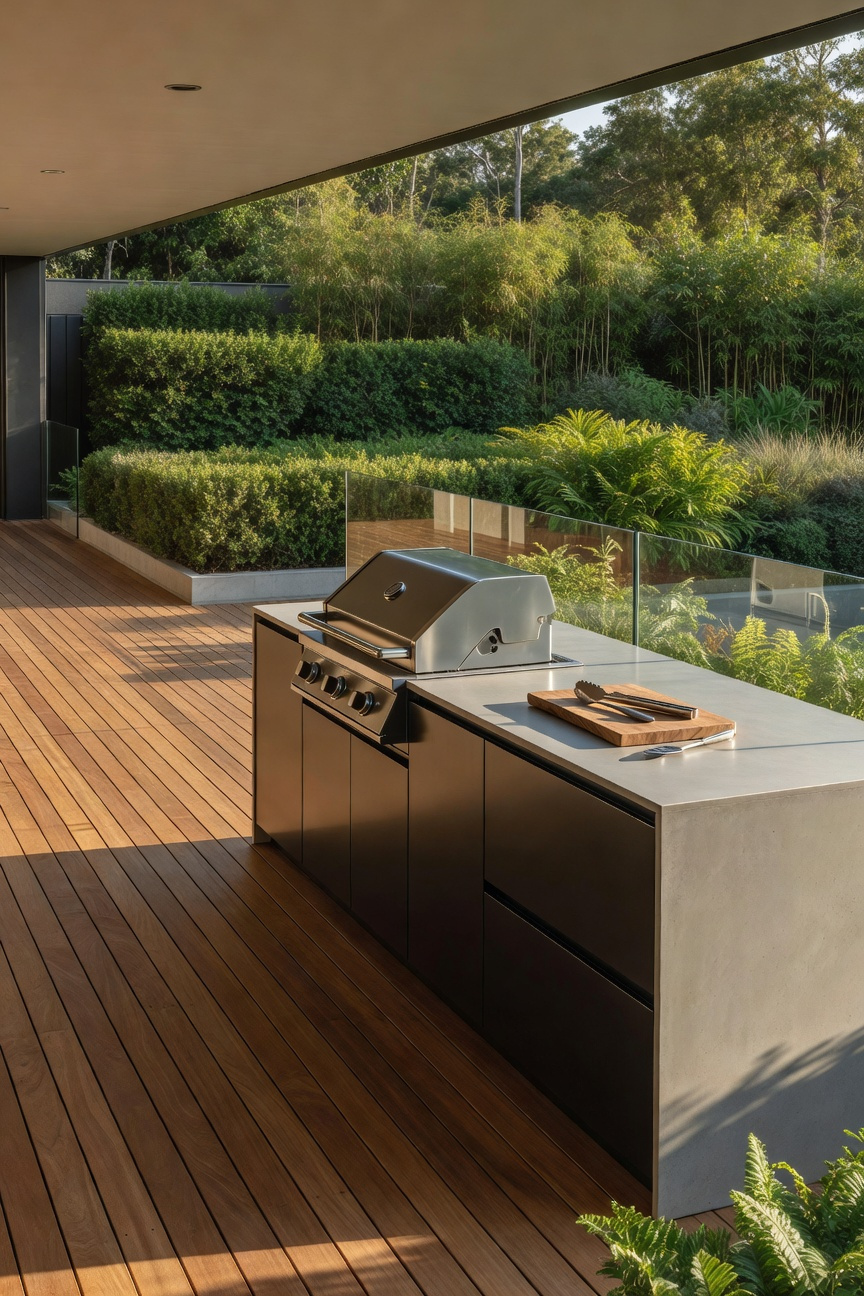 A streamlined, lightweight outdoor kitchenette featuring stainless steel and light composite countertops positioned on a spacious wooden deck, emphasizing open space and low structural load.