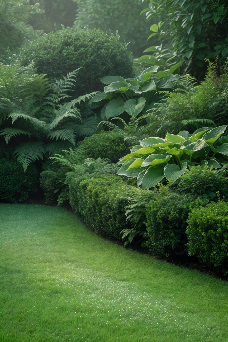 A tranquil monochromatic garden featuring a lush green lawn and diverse emerald foliage under soft morning light.