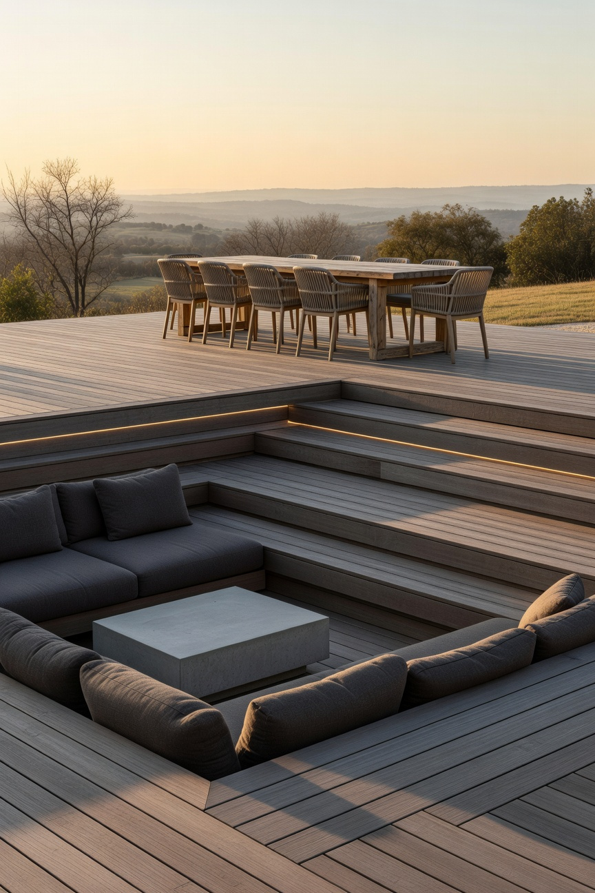Multi-level modern deck design demonstrating architectural zoning, featuring a sunken lounging area separated by one step from the elevated dining area, emphasizing different decking directions.