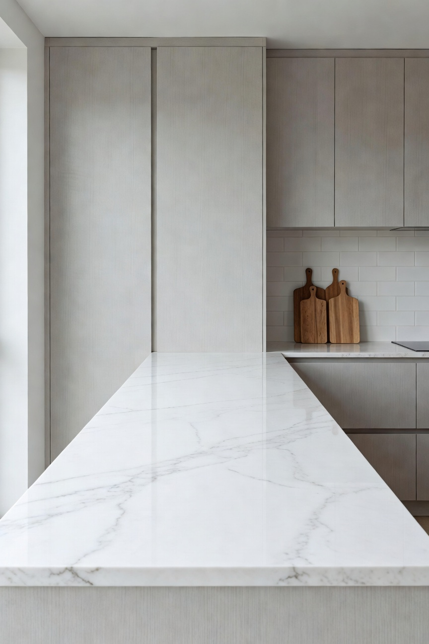 A modern, minimalist apartment kitchen where a long section of white marble countertop is left completely empty, emphasizing visual negative space and creating a sense of luxury and expansion.