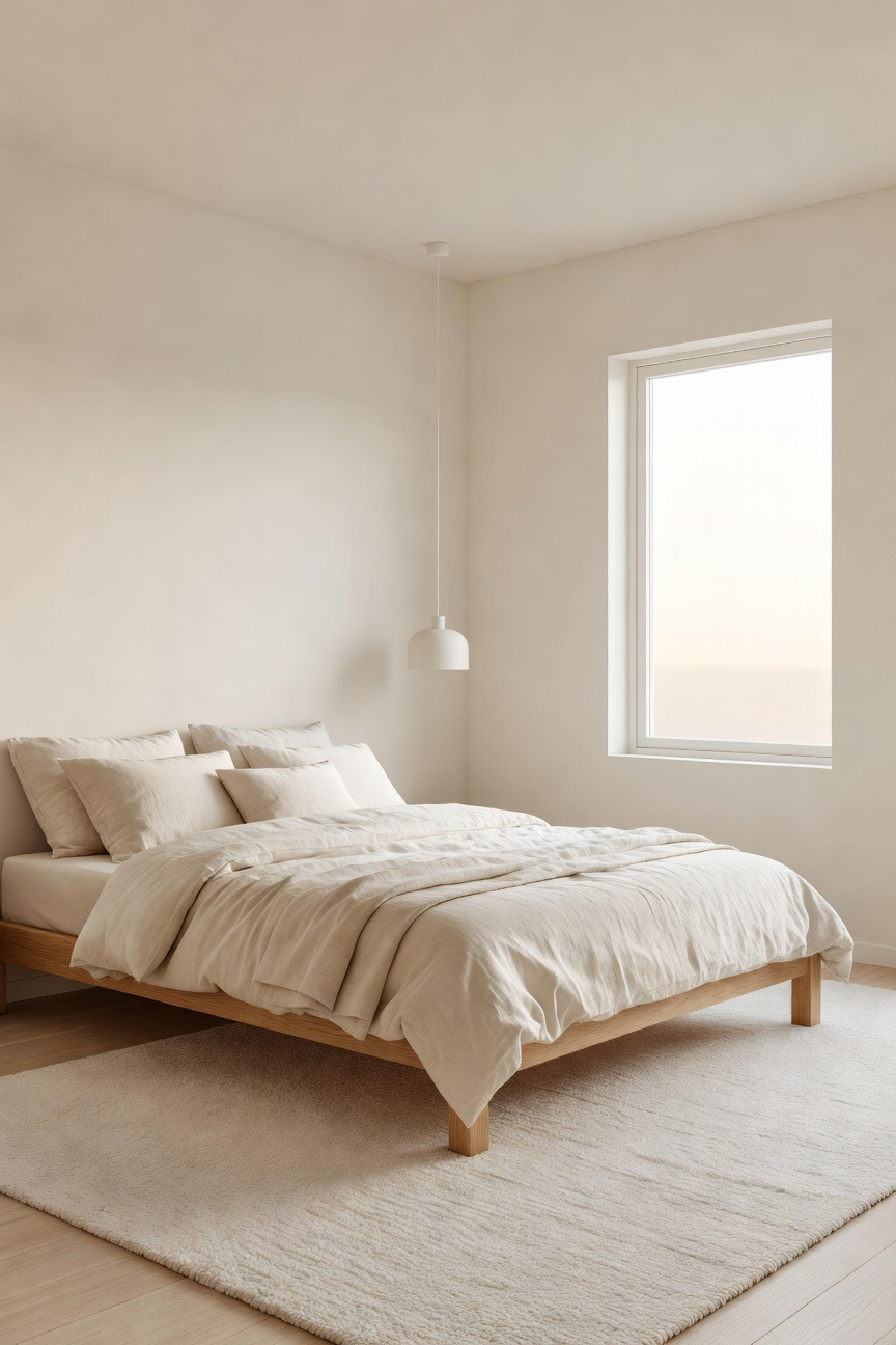 Serene Nordic bedroom featuring warm white walls with beige undertones designed to maximize natural light during winter months.