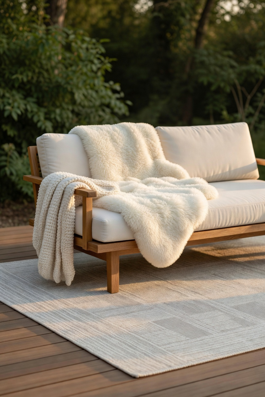 Scandinavian deck design showing how layered textiles, including a high-performance synthetic rug and white faux sheepskin, soften the hardscape and create a cozy outdoor living room.