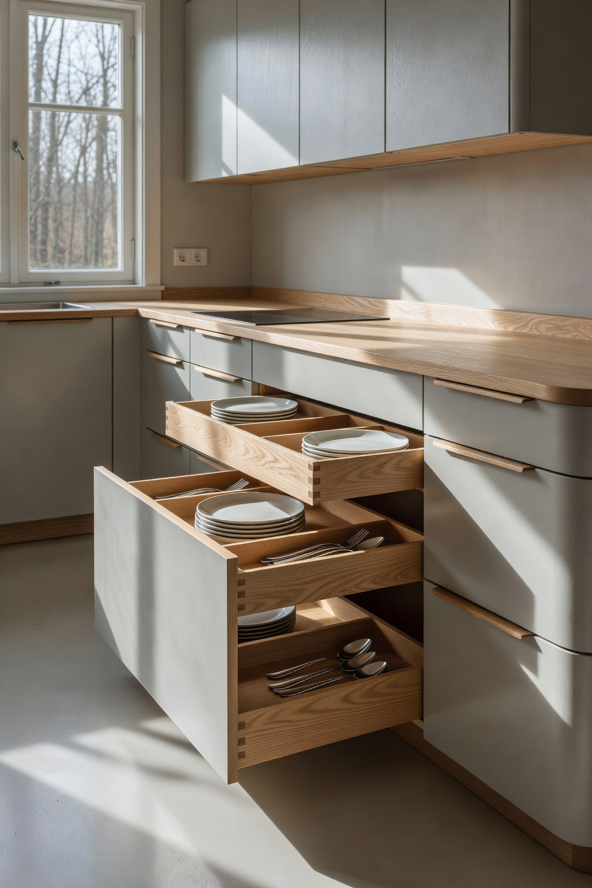 A wide-angle view of a bright Nordic-style kitchen with open pull-out drawers showing organized ash wood dividers and kitchenware.