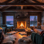 A warm and honest rustic living room featuring a stone fireplace and cozy textures with a view of a snowy Scandinavian forest during twilight.