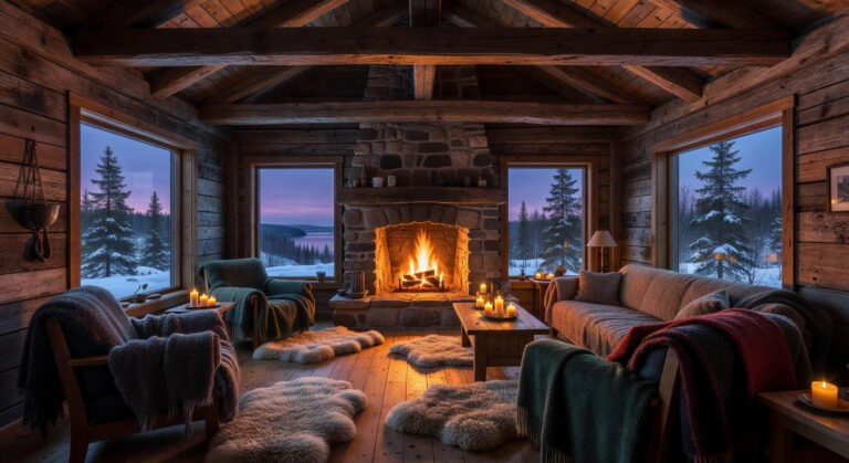 A warm and honest rustic living room featuring a stone fireplace and cozy textures with a view of a snowy Scandinavian forest during twilight.