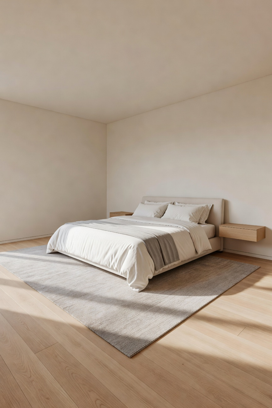 A serene, modern bedroom demonstrating the Command Position layout with the bed placed diagonally across the room from the entrance to optimize circulation and enhance the feeling of security.