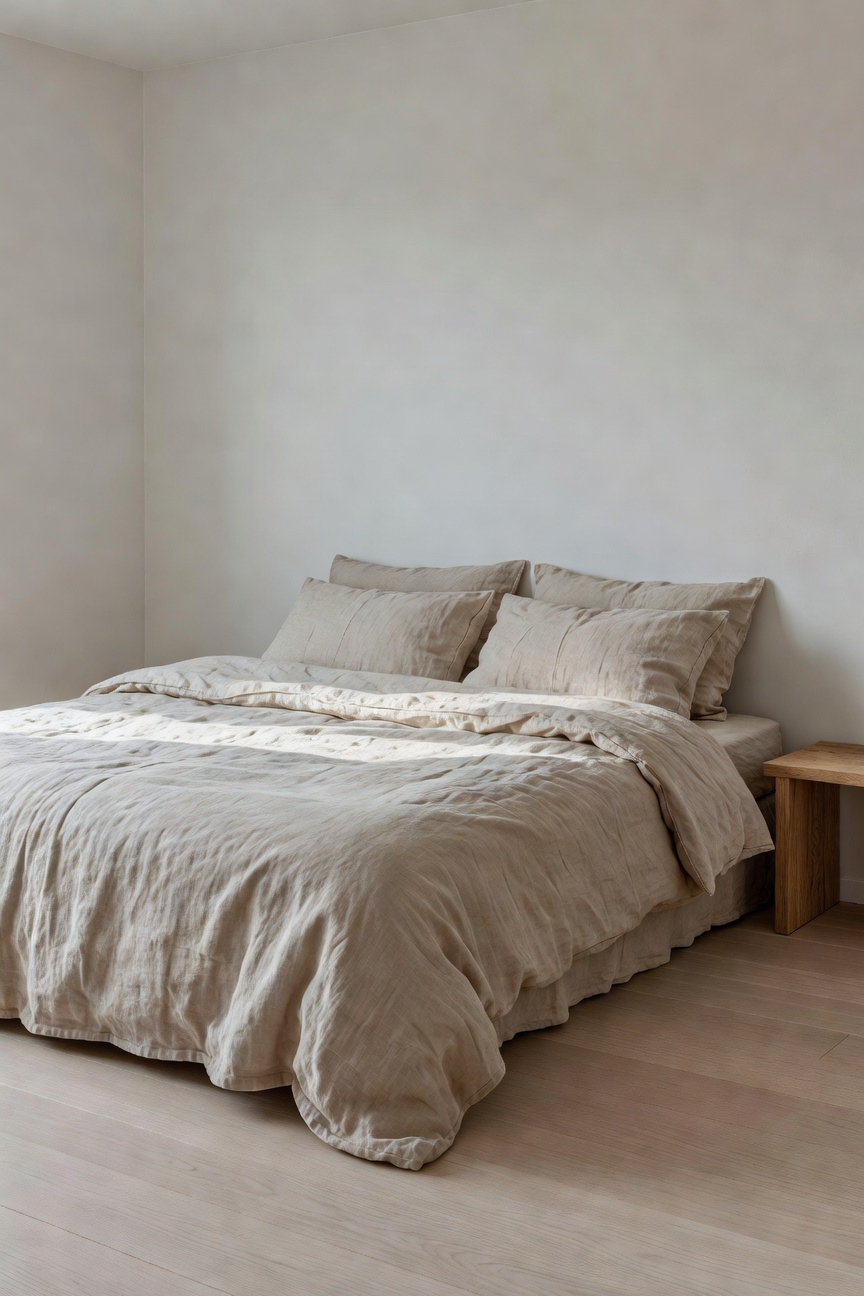 A serene minimalist Scandinavian bedroom featuring a large bed draped in soft, textured oat-colored organic linen bedding that conveys luxury and durability.