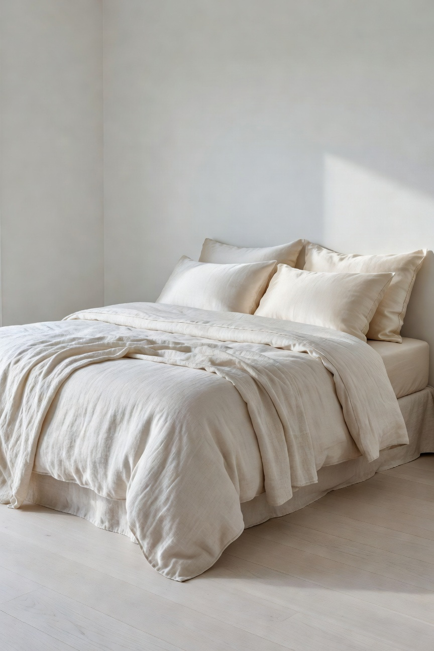 King-sized luxury bed featuring layers of GOTS-certified organic linen sheets and luminous champagne Mulberry silk pillowcases, illuminated by soft morning light.