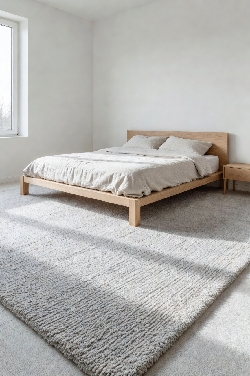 A small modern bedroom featuring a large area rug that covers the majority of the floor to create an illusion of more space.