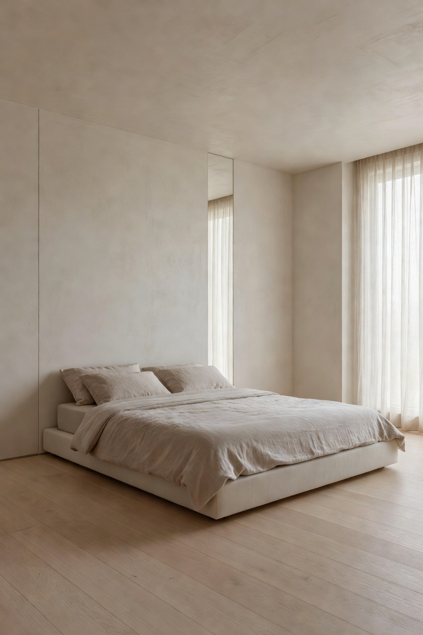 A minimalist luxury bedroom featuring a low-chroma palette of cream and taupe, designed to reduce visual and auditory noise for maximum restoration and calm.