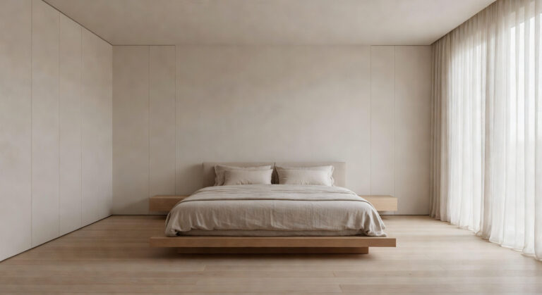 A minimalist luxury bedroom featuring a low-chroma palette of cream and taupe, designed to reduce visual and auditory noise for maximum restoration and calm.