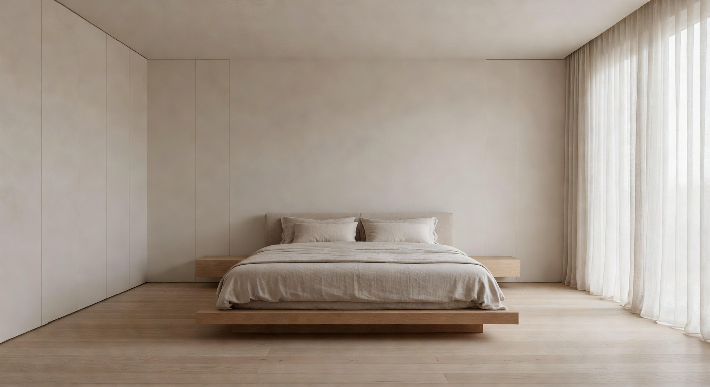 A minimalist luxury bedroom featuring a low-chroma palette of cream and taupe, designed to reduce visual and auditory noise for maximum restoration and calm.