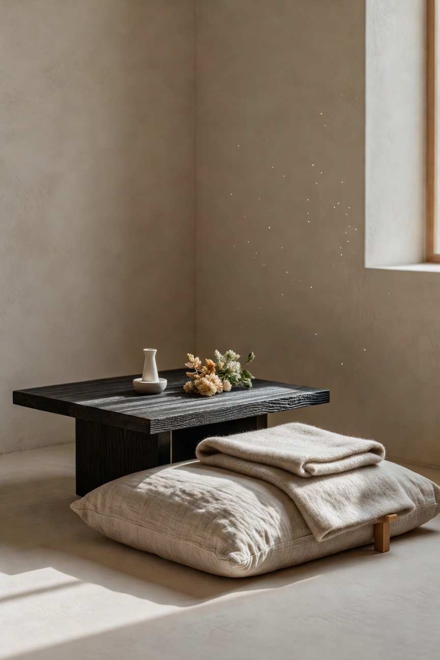 A Japandi luxury bedroom meditation nook featuring a low Yakisugi charred wood table, thick linen floor cushion, and soft morning sunlight reflecting the Quiet Luxury aesthetic.